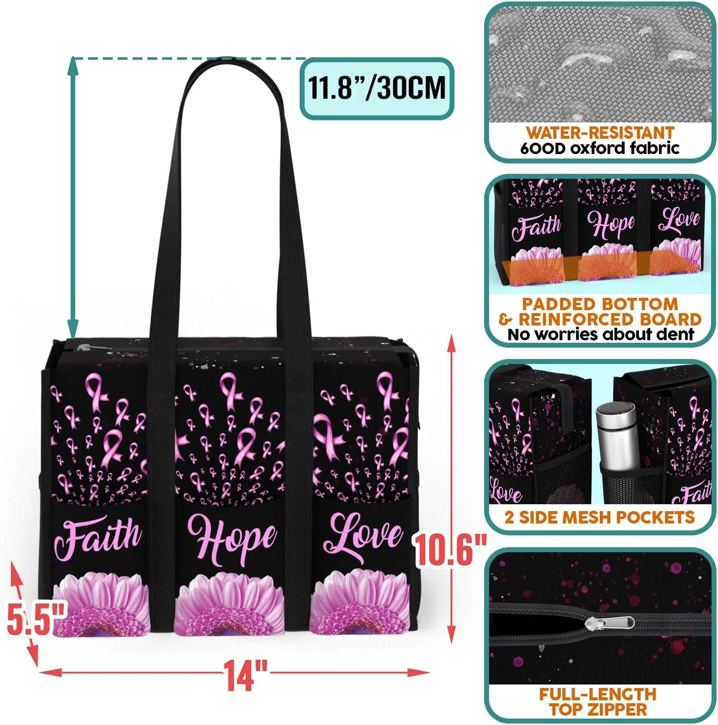84hoods Multi-Pocket Waterproof Tote Bag with Multiple Convenient Pockets and Zipper. Breast Cancer Awareness Gift for Women.
