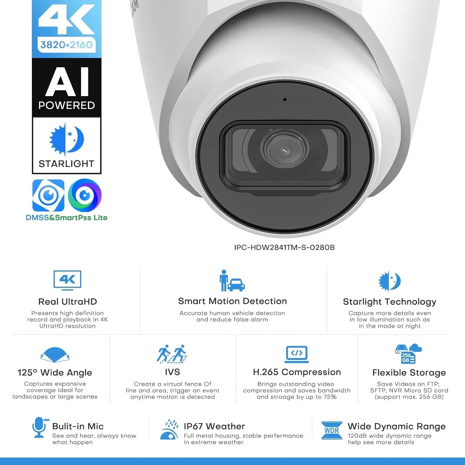 8MP IP Camera, DMSS/SmartPSS Lite, 4K PoE Turret Outdoor Starlight Camera with Mic Audio, Human/Vehicle Detection, IVS, Intrusion Tripwire Alarm, 2.8mm 125°Wide Angle, Metal IP67, H265 , 256GB