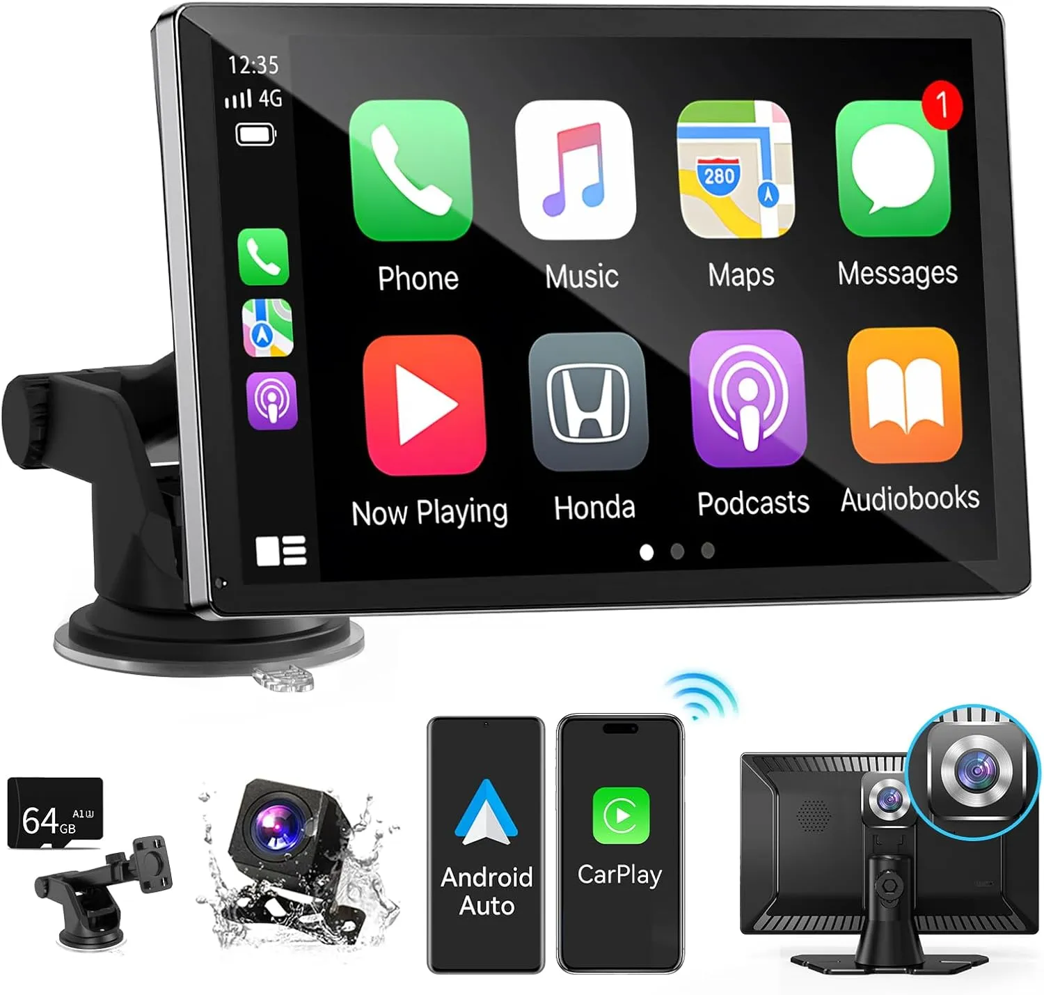 9 inch HD Portable Wireless carplay Screen for car & Android Auto Touchscreen with 4K Dash Cam/1080P Backup Camera/Mirror Link/Navigation/Voice Control/Car Stereo/Drive Play/Bluetooth