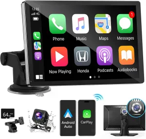 9 inch HD Portable Wireless carplay Screen for car & Android Auto Touchscreen with 4K Dash Cam/1080P Backup Camera/Mirror Link/Navigation/Voice Control/Car Stereo/Drive Play/Bluetooth