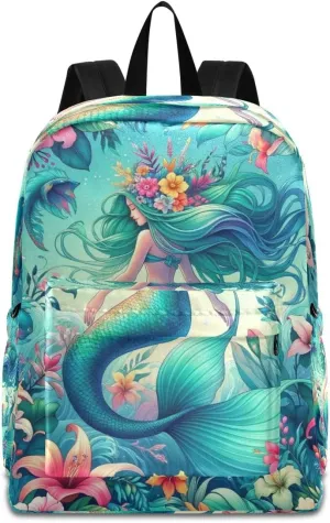 A Mermaid Girl Surrounded by An Array Of Exotic Flowers Backpack, Travel Rucksack Lightweight School Bookbag Daypack for Adults Teen Students Boys Girls