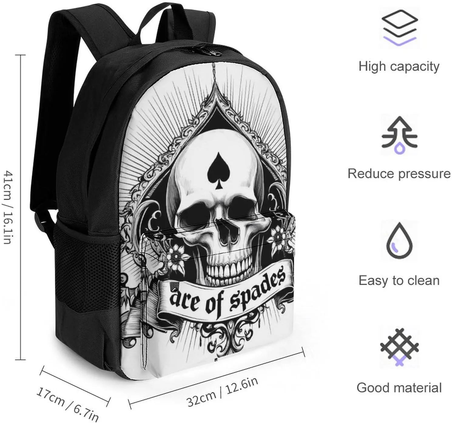 Ace Of Spades Skull Art Rucksack Polyester Anti-Theft Multipurpose Carry On Bag Large Capacity Travel and Sport Backpack Rucksack With Smooth Zippers