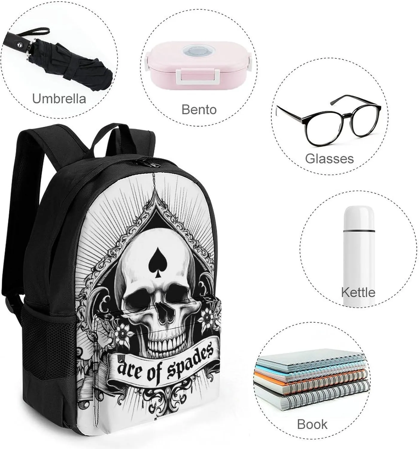 Ace Of Spades Skull Art Rucksack Polyester Anti-Theft Multipurpose Carry On Bag Large Capacity Travel and Sport Backpack Rucksack With Smooth Zippers