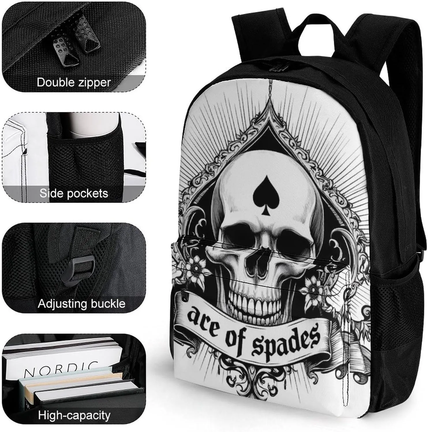 Ace Of Spades Skull Art Rucksack Polyester Anti-Theft Multipurpose Carry On Bag Large Capacity Travel and Sport Backpack Rucksack With Smooth Zippers
