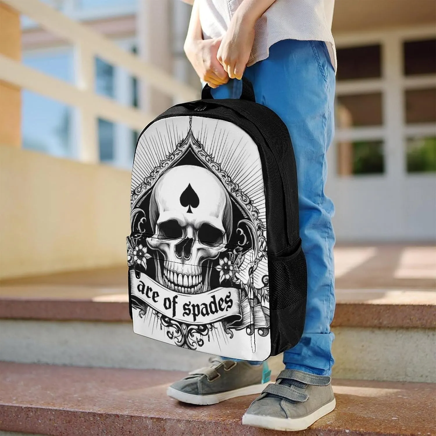 Ace Of Spades Skull Art Rucksack Polyester Anti-Theft Multipurpose Carry On Bag Large Capacity Travel and Sport Backpack Rucksack With Smooth Zippers
