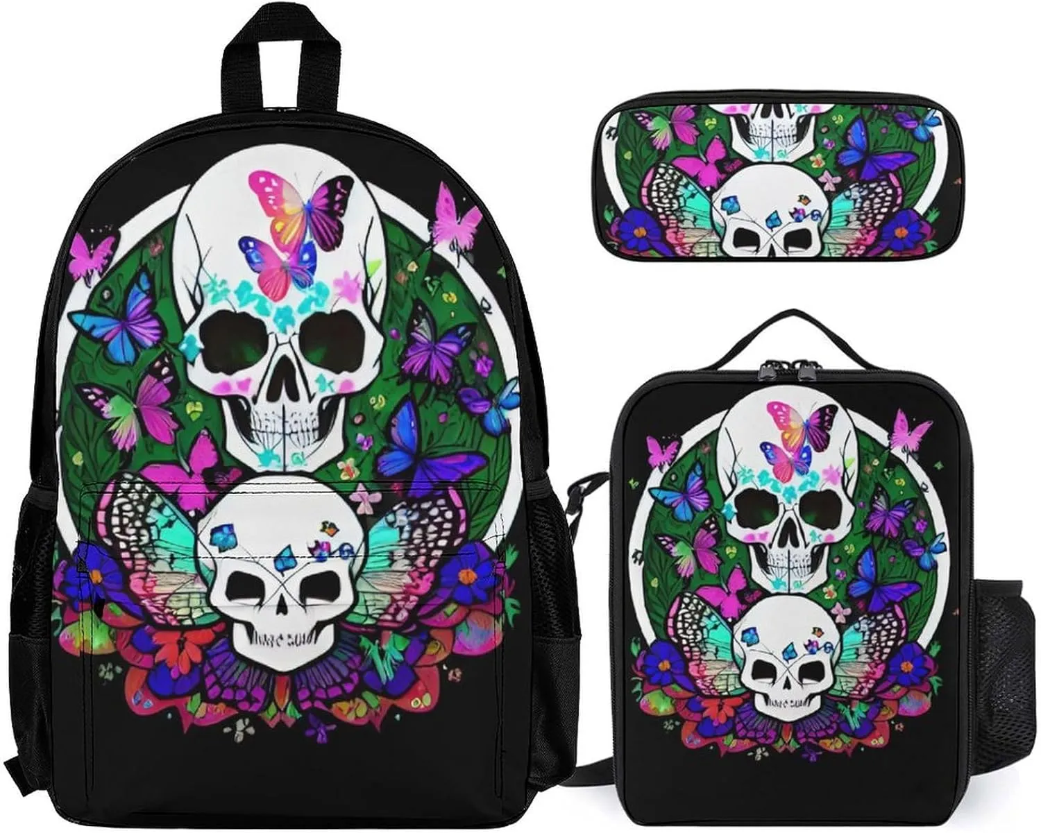 Adults Daypack Sets - Magic Mushrooms Skull Psychedelic Butterfly Art Shoulder Bag 3 Piece College Travel Hiking & Camping Rucksack, 3 Piece Daypack Business Bag