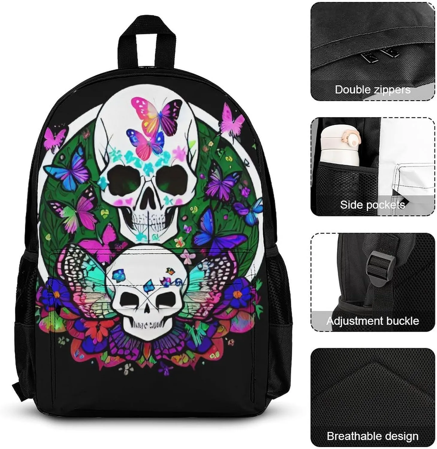 Adults Daypack Sets - Magic Mushrooms Skull Psychedelic Butterfly Art Shoulder Bag 3 Piece College Travel Hiking & Camping Rucksack, 3 Piece Daypack Business Bag