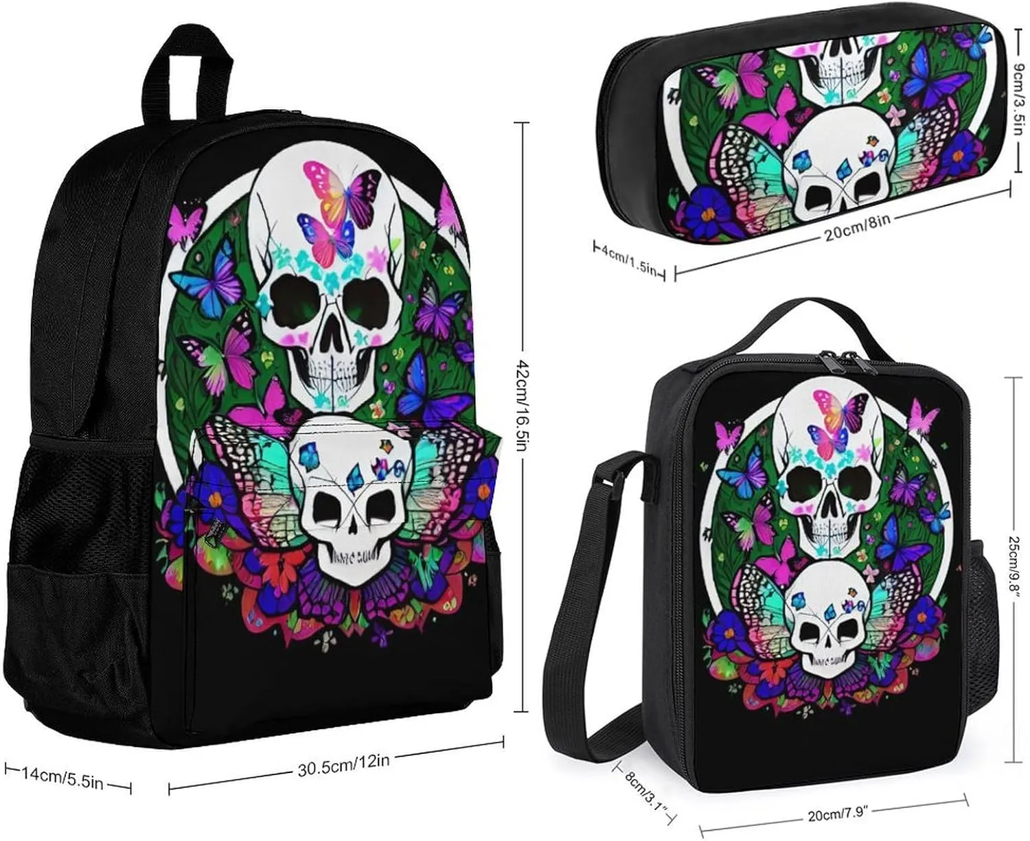 Adults Daypack Sets - Magic Mushrooms Skull Psychedelic Butterfly Art Shoulder Bag 3 Piece College Travel Hiking & Camping Rucksack, 3 Piece Daypack Business Bag