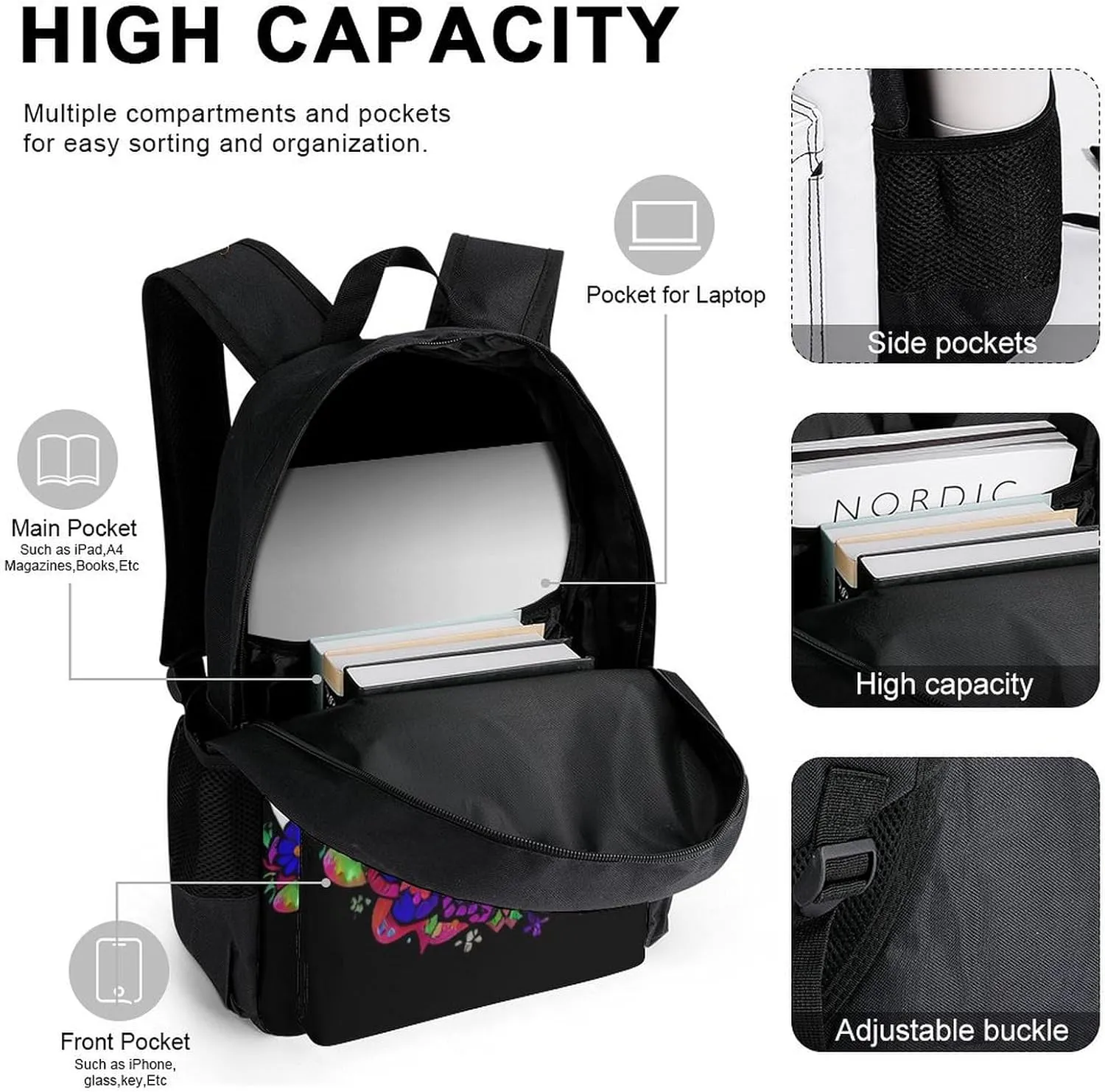 Adults Daypack Sets - Magic Mushrooms Skull Psychedelic Butterfly Art Shoulder Bag 3 Piece College Travel Hiking & Camping Rucksack, 3 Piece Daypack Business Bag