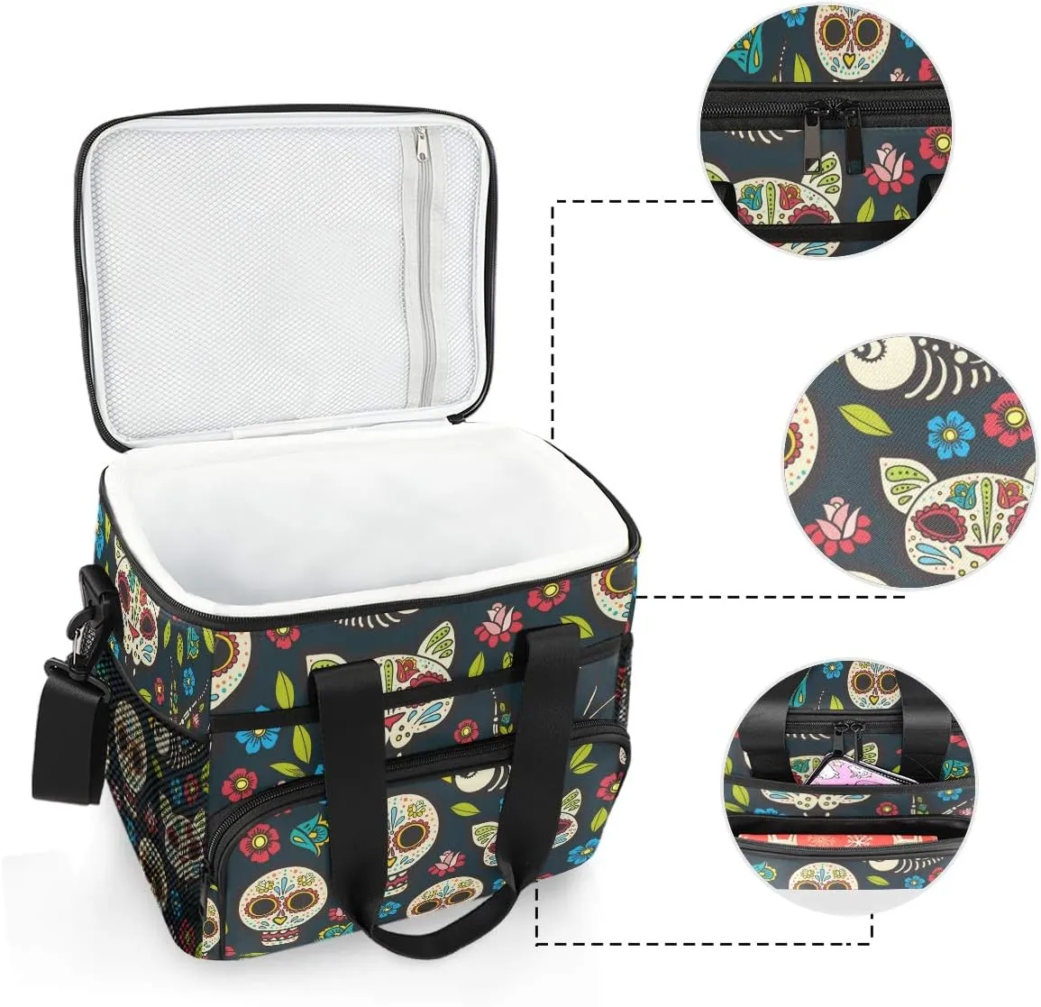 ALAZA Mexico Sugar Skull Cat Floral Large Cooler Insulated Picnic Bag Lunch Box for Adult Men Women