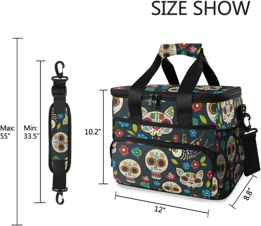 ALAZA Mexico Sugar Skull Cat Floral Large Cooler Insulated Picnic Bag Lunch Box for Adult Men Women