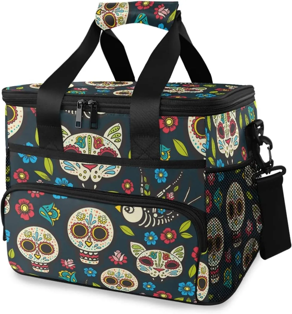 ALAZA Mexico Sugar Skull Cat Floral Large Cooler Insulated Picnic Bag Lunch Box for Adult Men Women