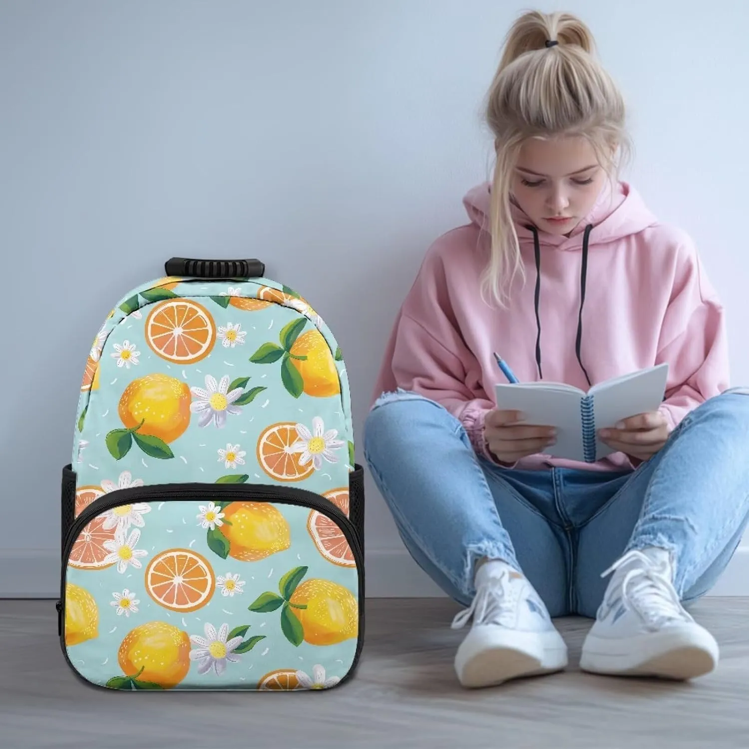 All Over Print Backpack for Women & Men - Fresh Lemon Flower Print 17 In Lightweight Laptop Backpack, Water Resistant College School Bookbag with Side Pockets, Trendy Travel Rucksack