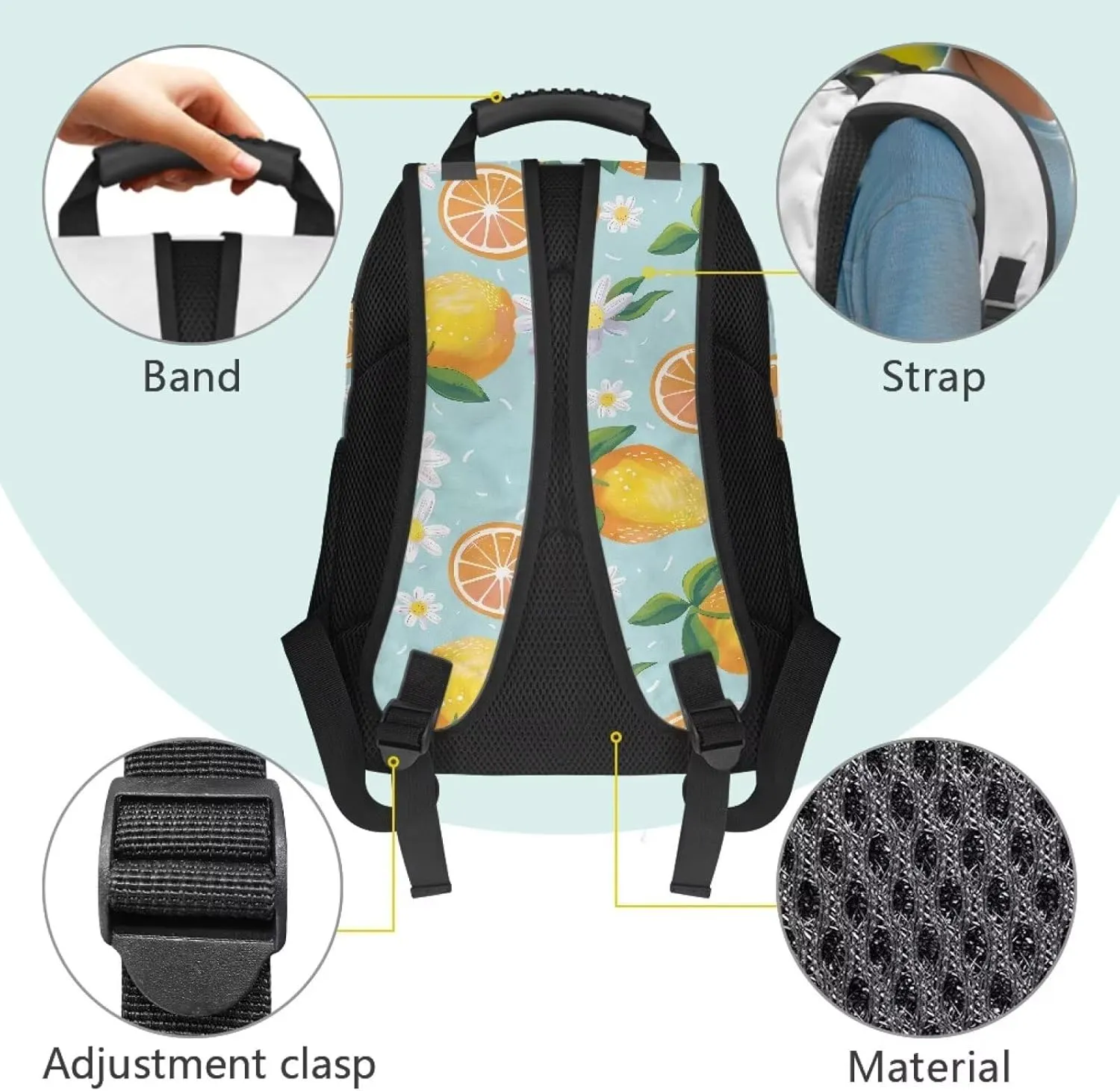 All Over Print Backpack for Women & Men - Fresh Lemon Flower Print 17 In Lightweight Laptop Backpack, Water Resistant College School Bookbag with Side Pockets, Trendy Travel Rucksack