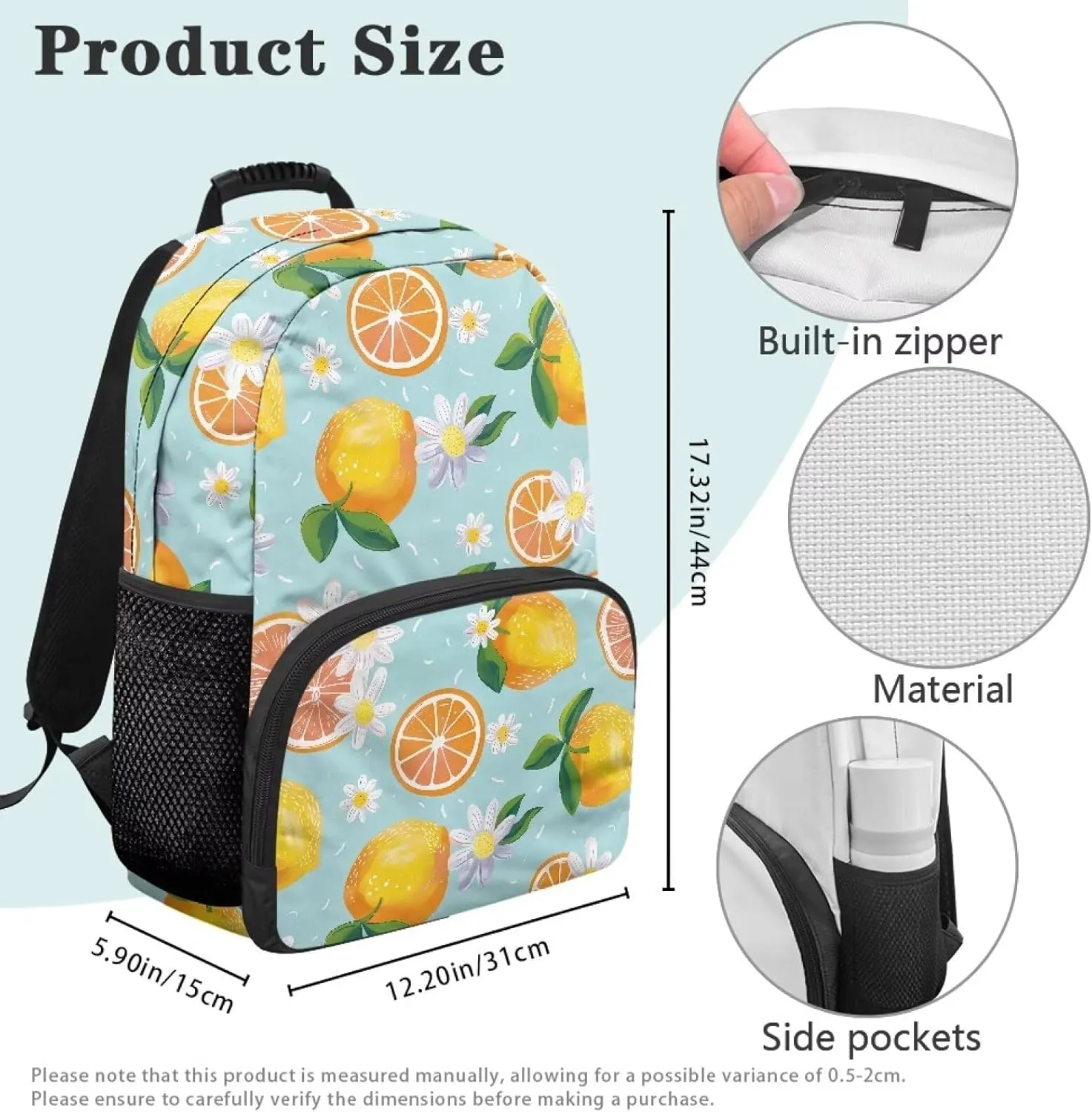 All Over Print Backpack for Women & Men - Fresh Lemon Flower Print 17 In Lightweight Laptop Backpack, Water Resistant College School Bookbag with Side Pockets, Trendy Travel Rucksack