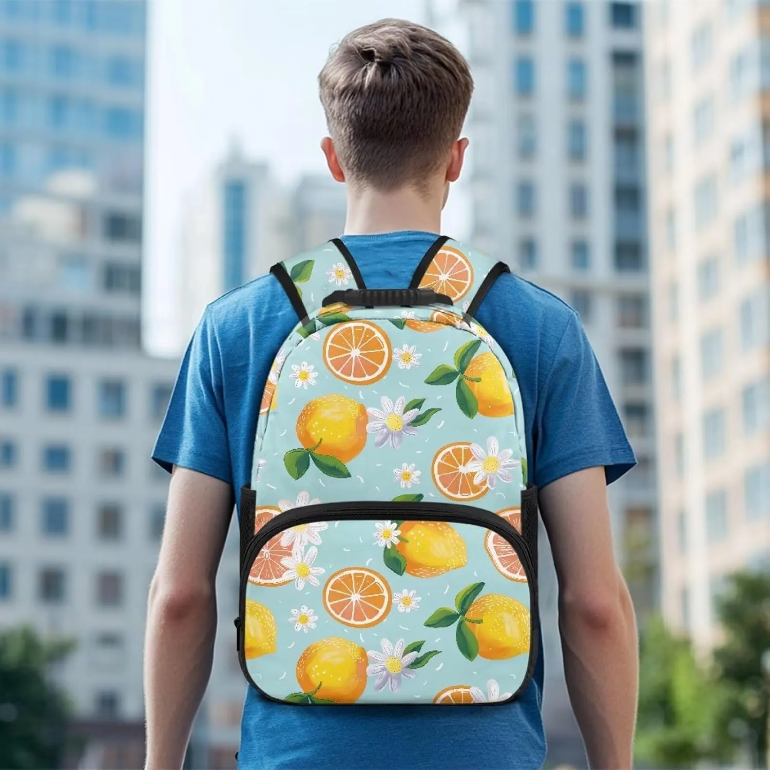 All Over Print Backpack for Women & Men - Fresh Lemon Flower Print 17 In Lightweight Laptop Backpack, Water Resistant College School Bookbag with Side Pockets, Trendy Travel Rucksack