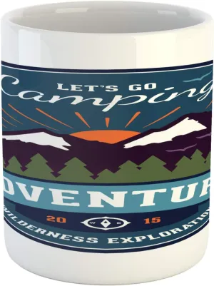 Ambesonne Adventure Mug, Signboard of Camping Wilderness Exploration Mountains Illustration, Ceramic Coffee Mug Cup for Water Tea Drinks, 11 oz, White and Multicolor