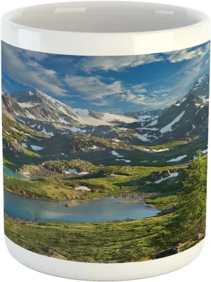 Ambesonne Mountain Mug, Lake Between Snowy Altai Range of Mountains Siberia Meadow Natural Artwork Print, Printed Ceramic Coffee Mug Water Tea Drinks Cup, Multicolor