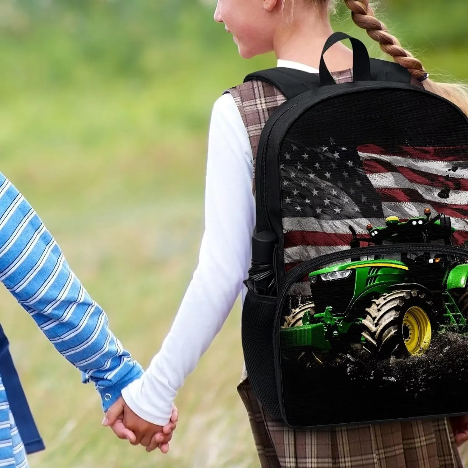 American Flag Farm Tractor Pattern Kids Backpack for Boys Girls Elementary Students Bookbag Middle School Bag Lightweight Children Travel Bag Backpacks Laptop Bag