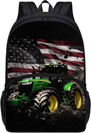 American Flag Farm Tractor Pattern Kids Backpack for Boys Girls Elementary Students Bookbag Middle School Bag Lightweight Children Travel Bag Backpacks Laptop Bag