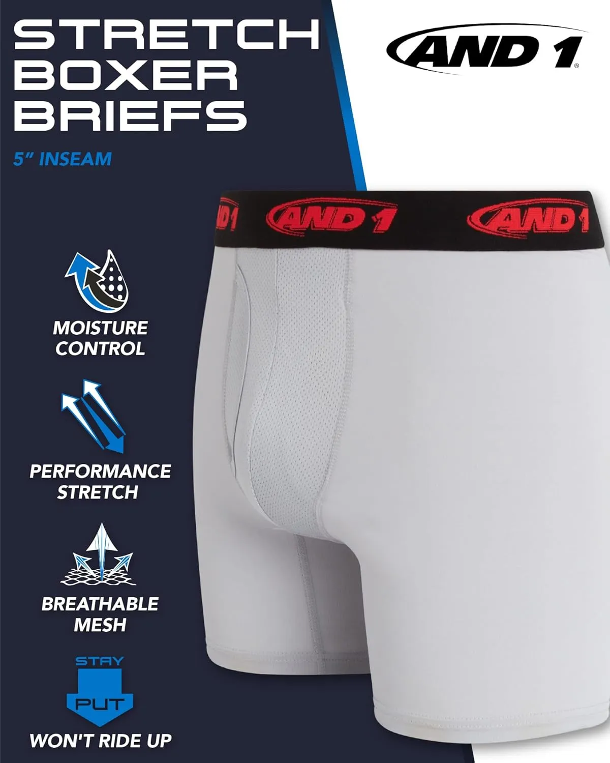 AND1 Mens Boxer Briefs -6 Pack Stretch Compression Underwear with Mesh Contour Pouch -Supportive Fit for Everyday Wear(S-3XL)