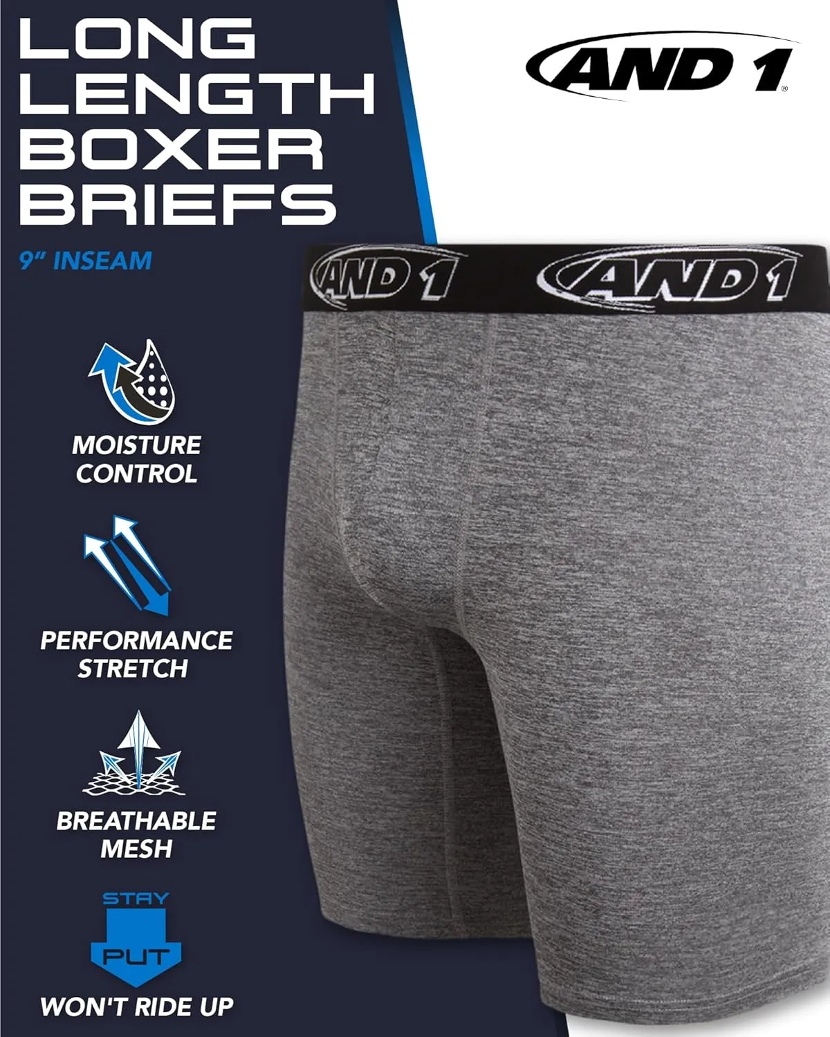 AND1 Mens Boxer Briefs-6 Pack Stretch Long Leg Compression Underwear with Mesh Contour Pouch-Supportive Fit for Everyday Wear