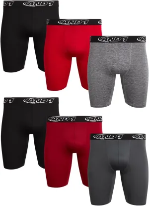 AND1 Mens Boxer Briefs-6 Pack Stretch Long Leg Compression Underwear with Mesh Contour Pouch-Supportive Fit for Everyday Wear