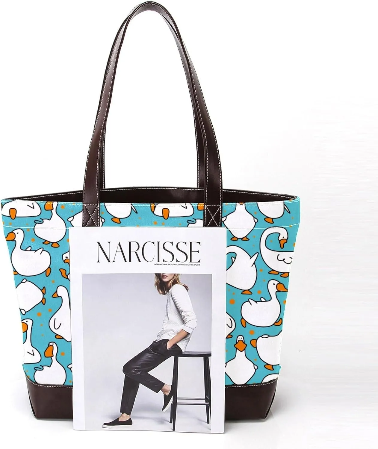 Animal Goose Tote Bags Durable Leather Canvas Purses and Handbags for Women