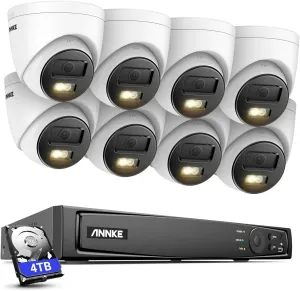 ANNKE PoE Security Camera System, 16CH 12MP 5-in-1 NVR Recorder, 8X 12MP Mega HD Smart Color Night Vision Built-in Mic Turret IP Wired Cams, 2.8mm Lens, AI Motion Detection, Work with Alexa, 4TB HDD