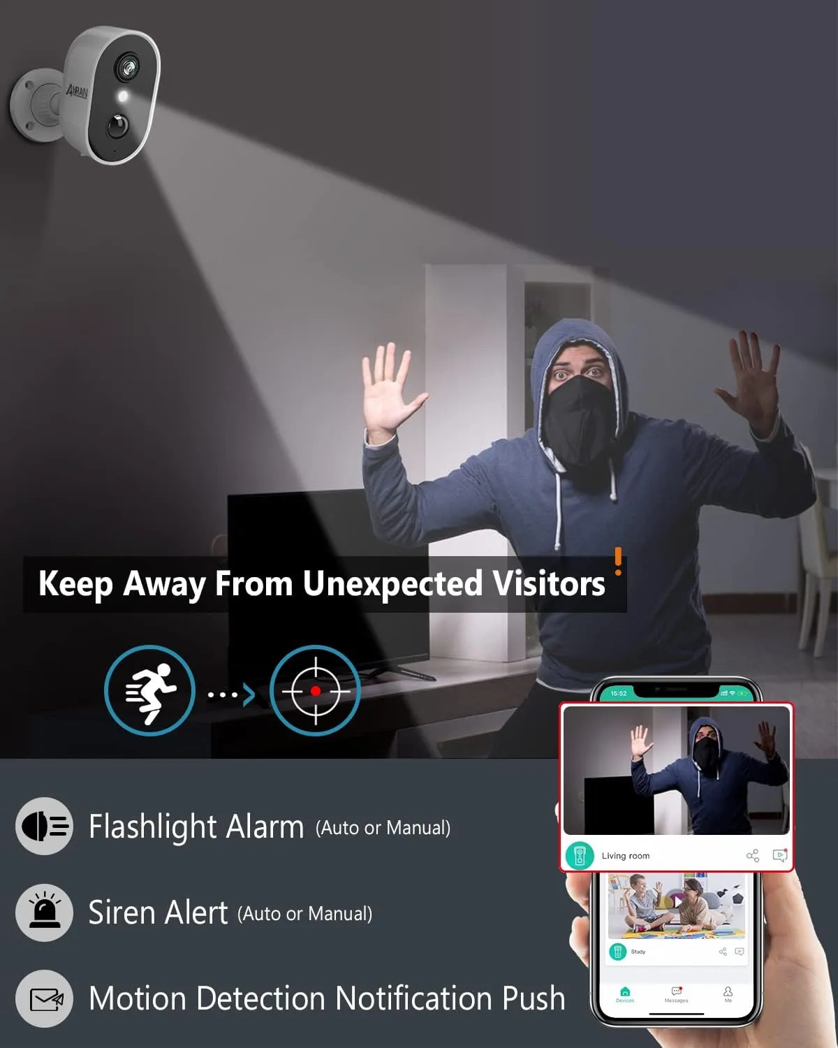 ANRAN Security Cameras Wireless Outdoor,2K 3MP Battery Powered Indoor Home Security Camera with AI Motion Detection & Color Night Vision,2-Way Talk Spotlight Siren Alarm, Work with Alexa,Waterproof