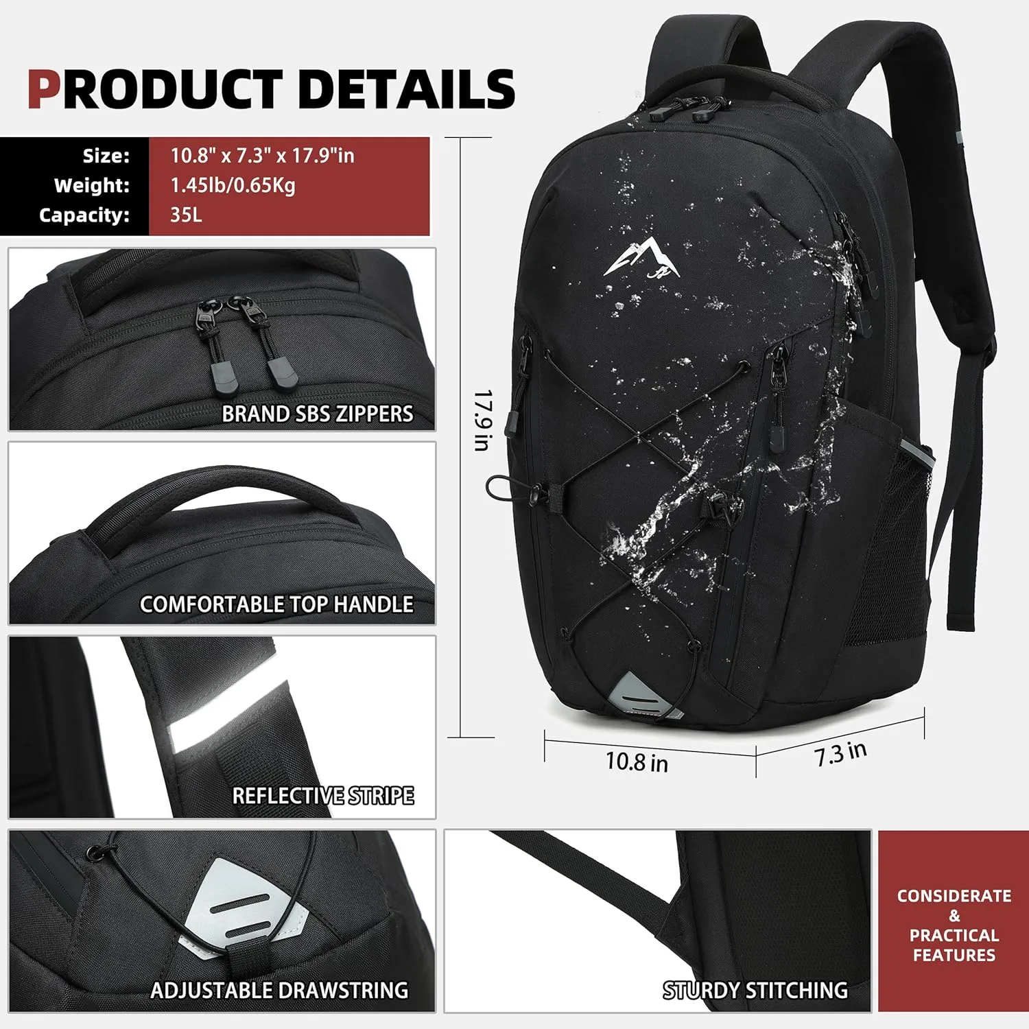 AO ALI VICTORY Women's Laptop Backpack 15.6 inch,Travel Backpack for Men,College Bookbag, Lightweight Outdoor Sport Hiking Back Pack, Everyday Daypack, Black