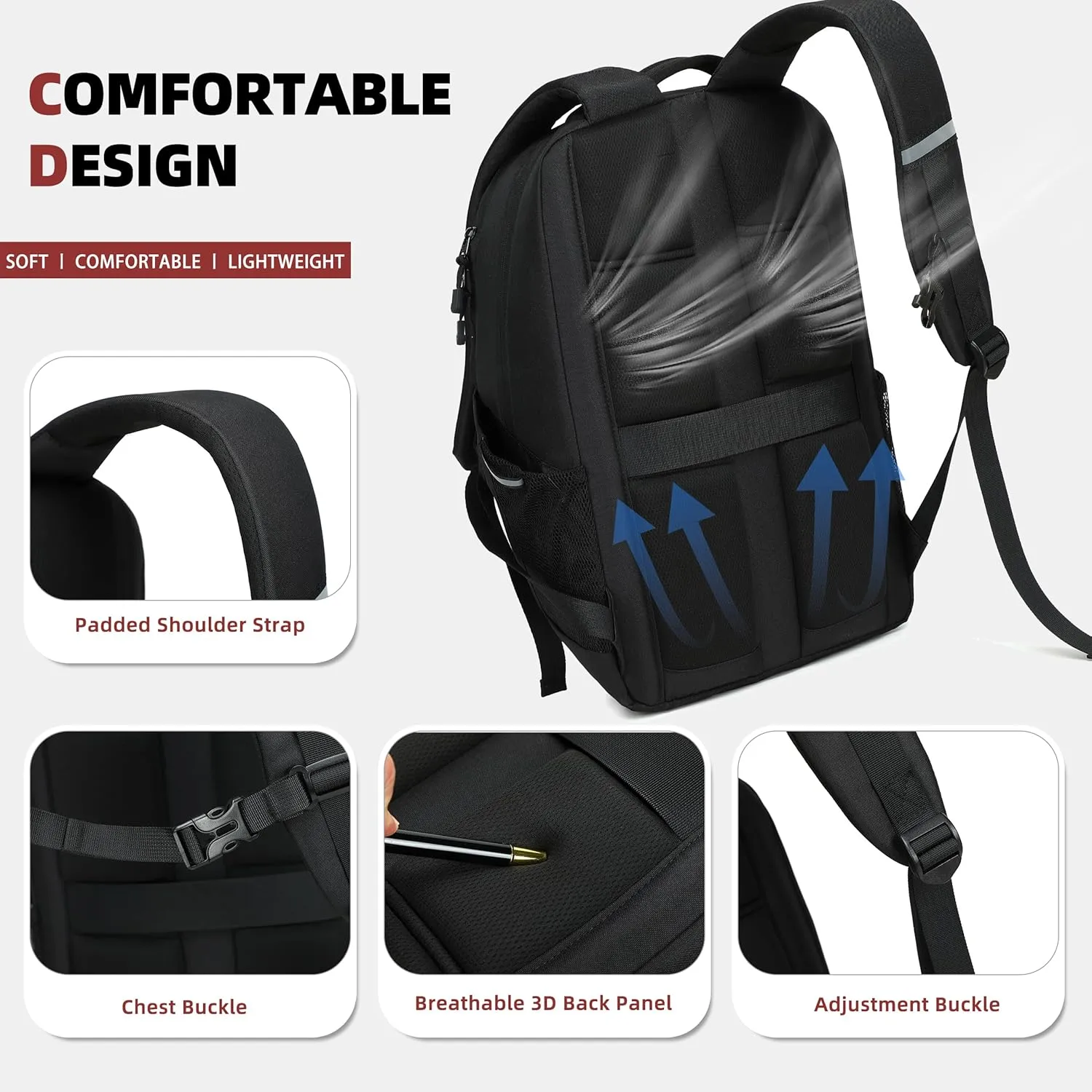 AO ALI VICTORY Women's Laptop Backpack 15.6 inch,Travel Backpack for Men,College Bookbag, Lightweight Outdoor Sport Hiking Back Pack, Everyday Daypack, Black