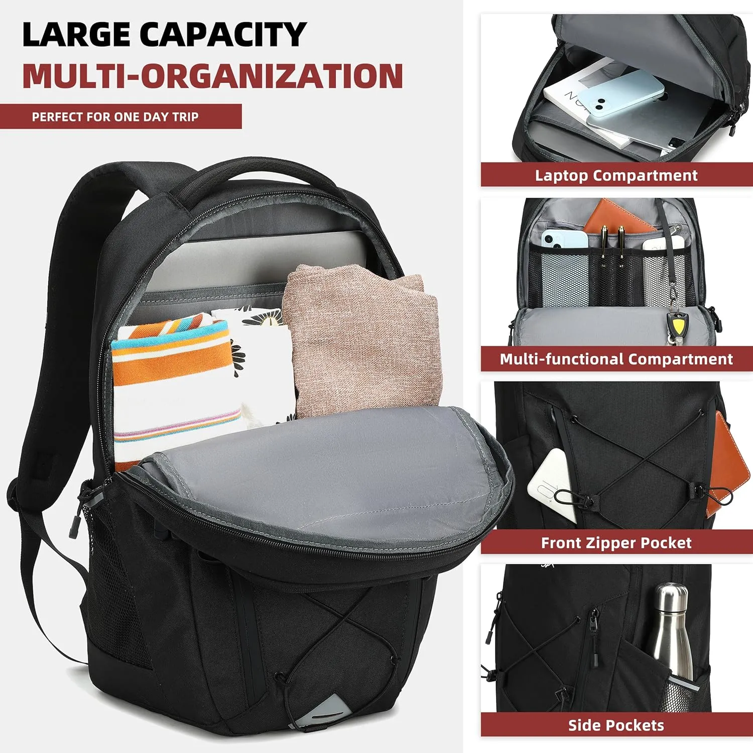 AO ALI VICTORY Women's Laptop Backpack 15.6 inch,Travel Backpack for Men,College Bookbag, Lightweight Outdoor Sport Hiking Back Pack, Everyday Daypack, Black