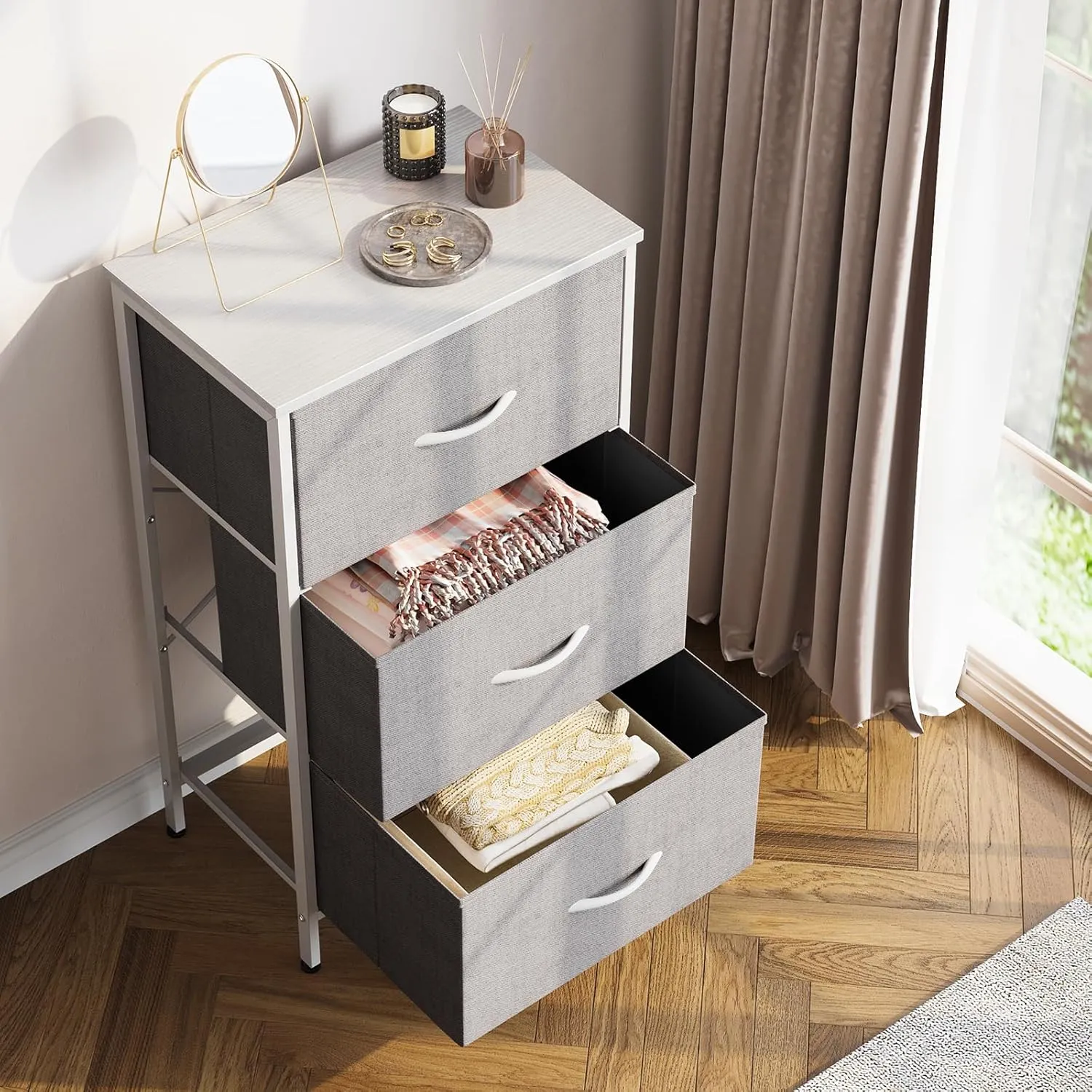 AODK Dresser for Bedroom Nightstand Small Dressers Chest of Drawers End Table for Living Room, Closet Dresser with 3 Storage Drawers Organizer Clothes, Light Grey