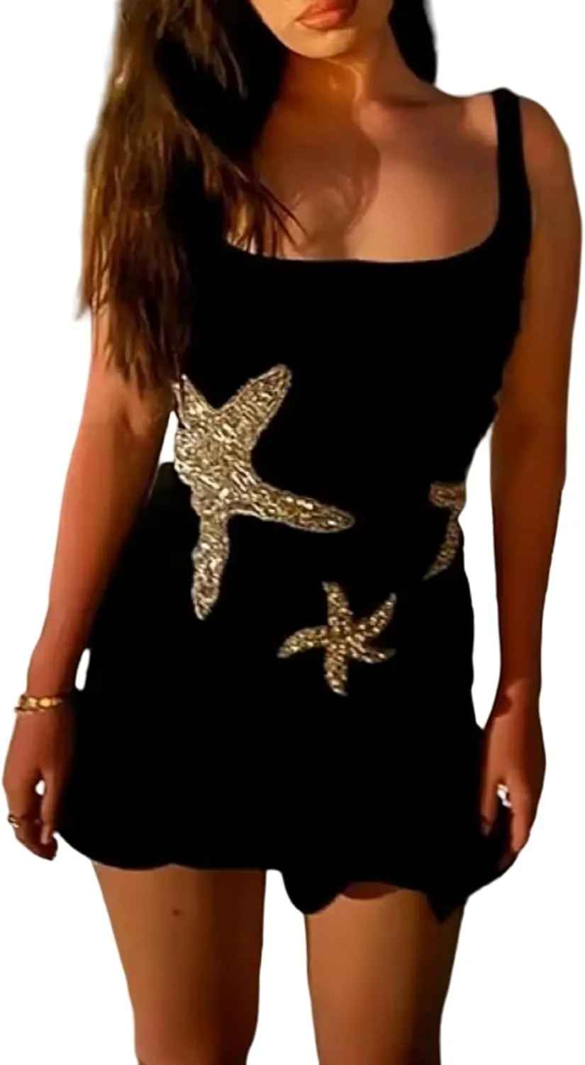 Aonoapll Women Starfish Sequin Mini Dress Square Neck Ruffle Hem Knitted Dress Sleeveless Bodydon Tank Dresses Beach Party
