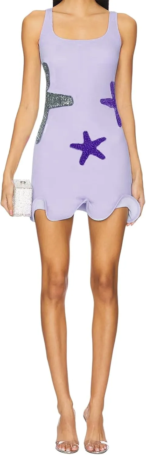 Aonoapll Women Starfish Sequin Mini Dress Square Neck Ruffle Hem Knitted Dress Sleeveless Bodydon Tank Dresses Beach Party