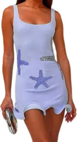Aonoapll Women Starfish Sequin Mini Dress Square Neck Ruffle Hem Knitted Dress Sleeveless Bodydon Tank Dresses Beach Party