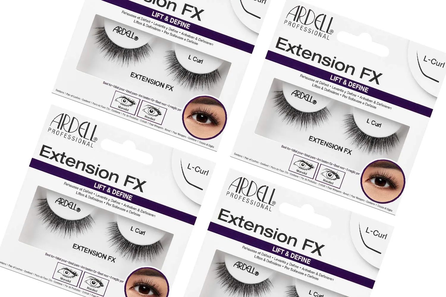 Ardell Lash Extension FX L Curl Lashes – Lift & Define Eyelashes, Natural Lashes for Hooded Eyes, Reusable Eye Lash, 4 Pack