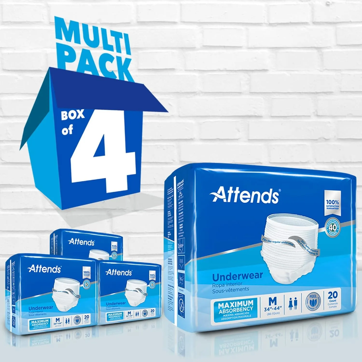Attends Protective Underwear with DermaDry Technology for Adults Incontinence Care, Medium, Unisex, White, 80 Count, Pack of 4