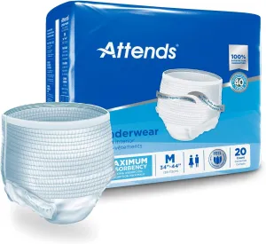 Attends Protective Underwear with DermaDry Technology for Adults Incontinence Care, Medium, Unisex, White, 80 Count, Pack of 4