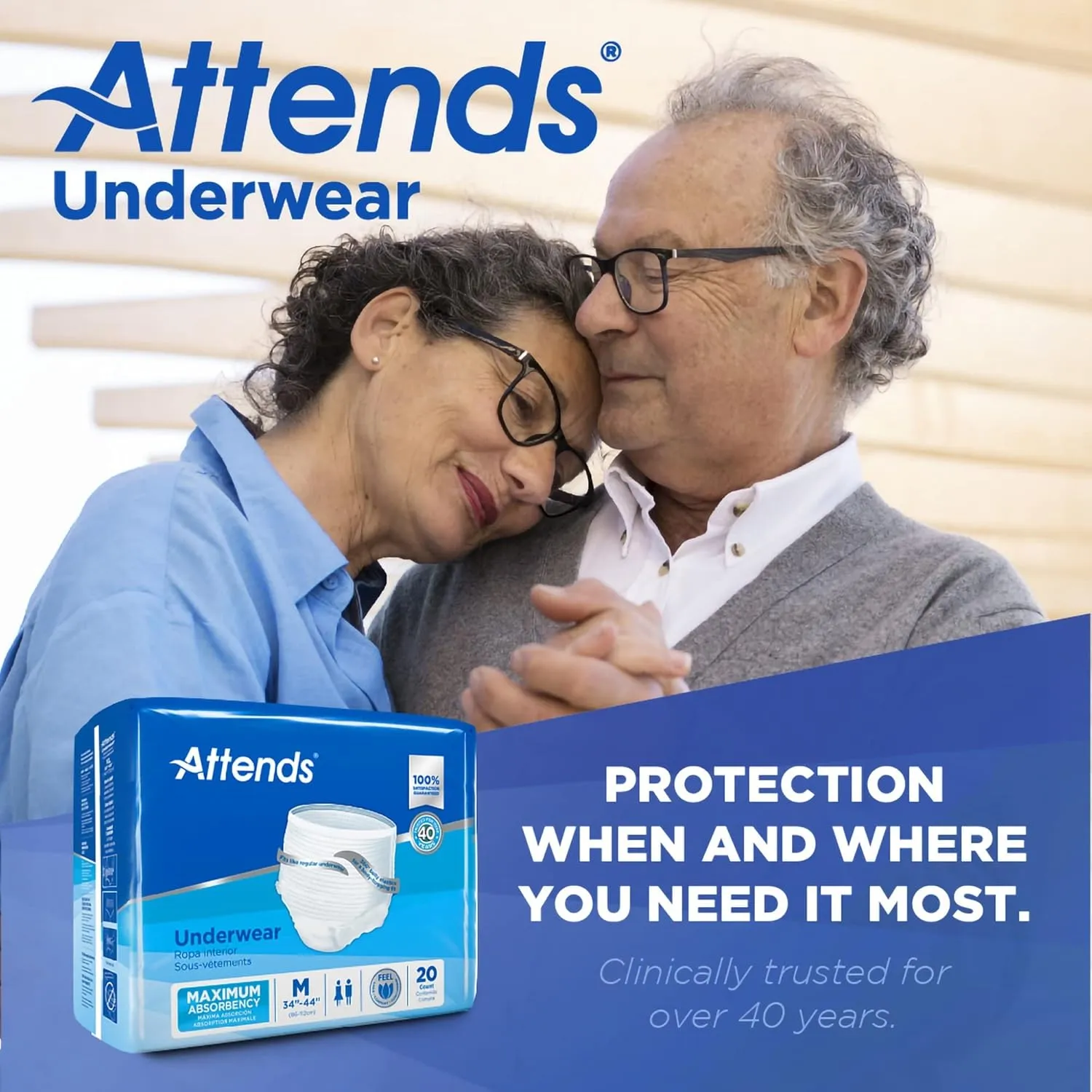 Attends Protective Underwear with DermaDry Technology for Adults Incontinence Care, Medium, Unisex, White, 80 Count, Pack of 4