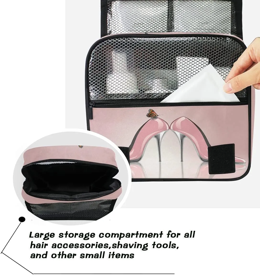 AUUXVA Travel Toiletry Bag Cosmetic Organizer Bag Hanging Makeup Bag for Women Men Girls (pink high heel)