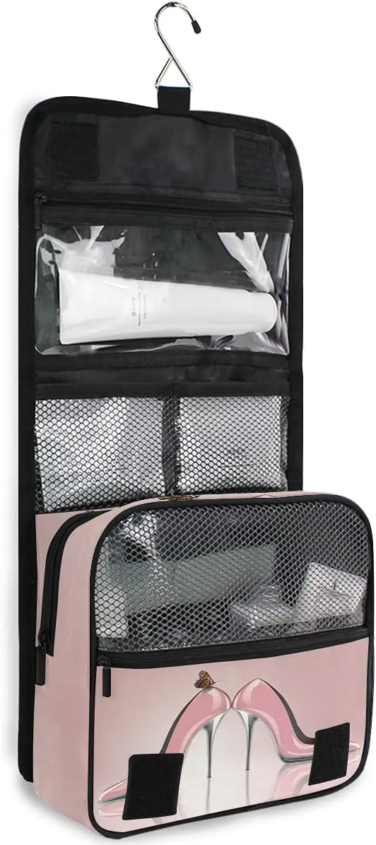 AUUXVA Travel Toiletry Bag Cosmetic Organizer Bag Hanging Makeup Bag for Women Men Girls (pink high heel)
