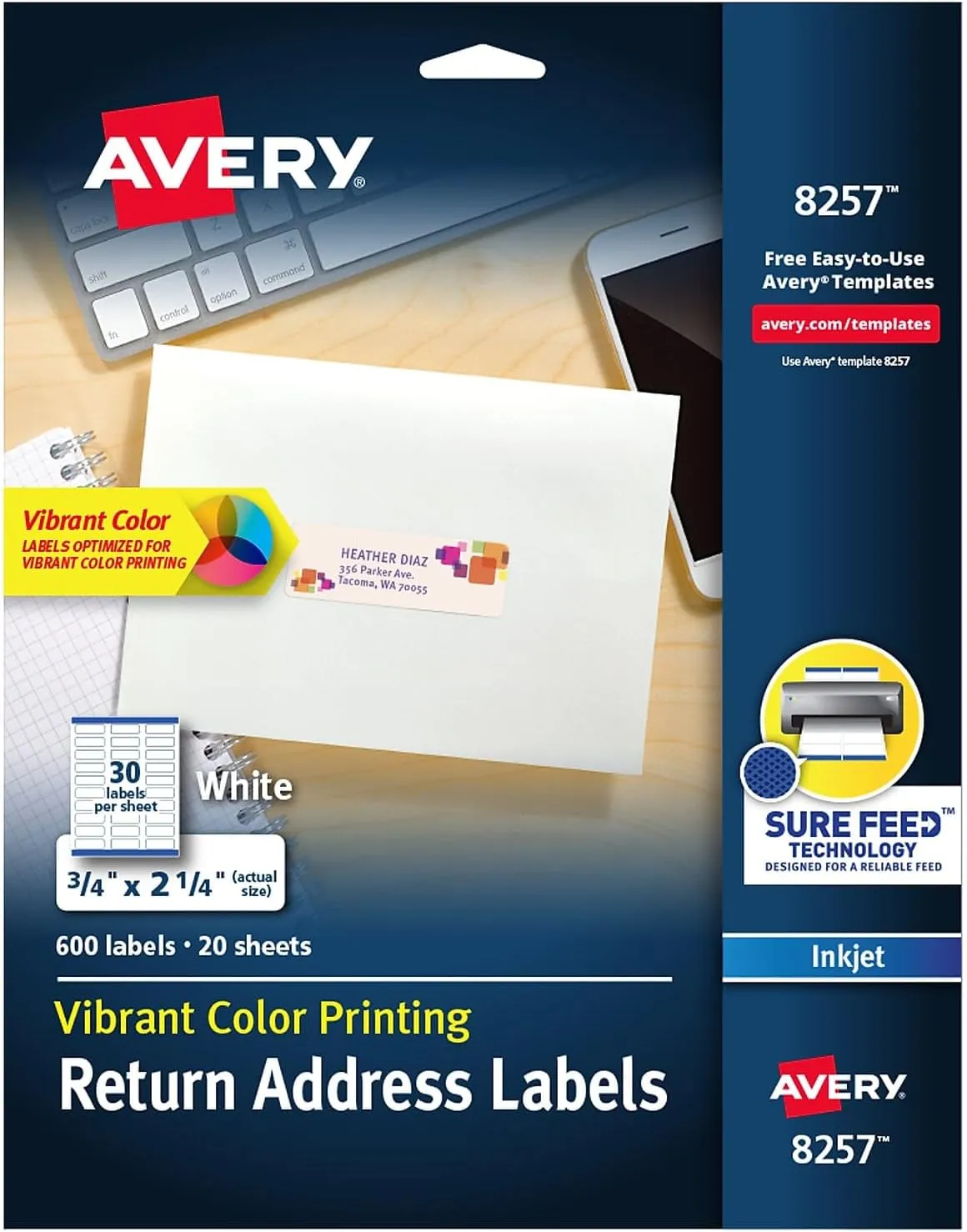 Avery Matte White Return Address Label, Sure Feed Technology, Permanent Adhesive, 3/4" x 2-1/4", 600 Labels (8257)