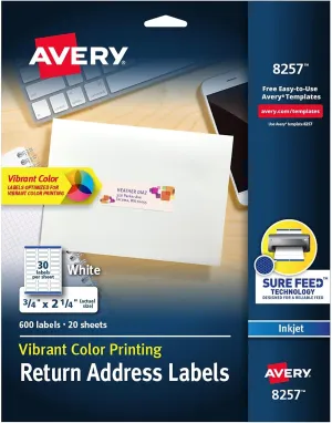 Avery Matte White Return Address Label, Sure Feed Technology, Permanent Adhesive, 3/4" x 2-1/4", 600 Labels (8257)