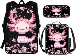 Axolotl Girls Backpack with Picnic Bag Cute School Bag for Kids Cherry Blossom 3 IN 1 Lightweight Bookbag and Lunch Box Pencil Case Set for Elementary Kindergarten Preschool School Students