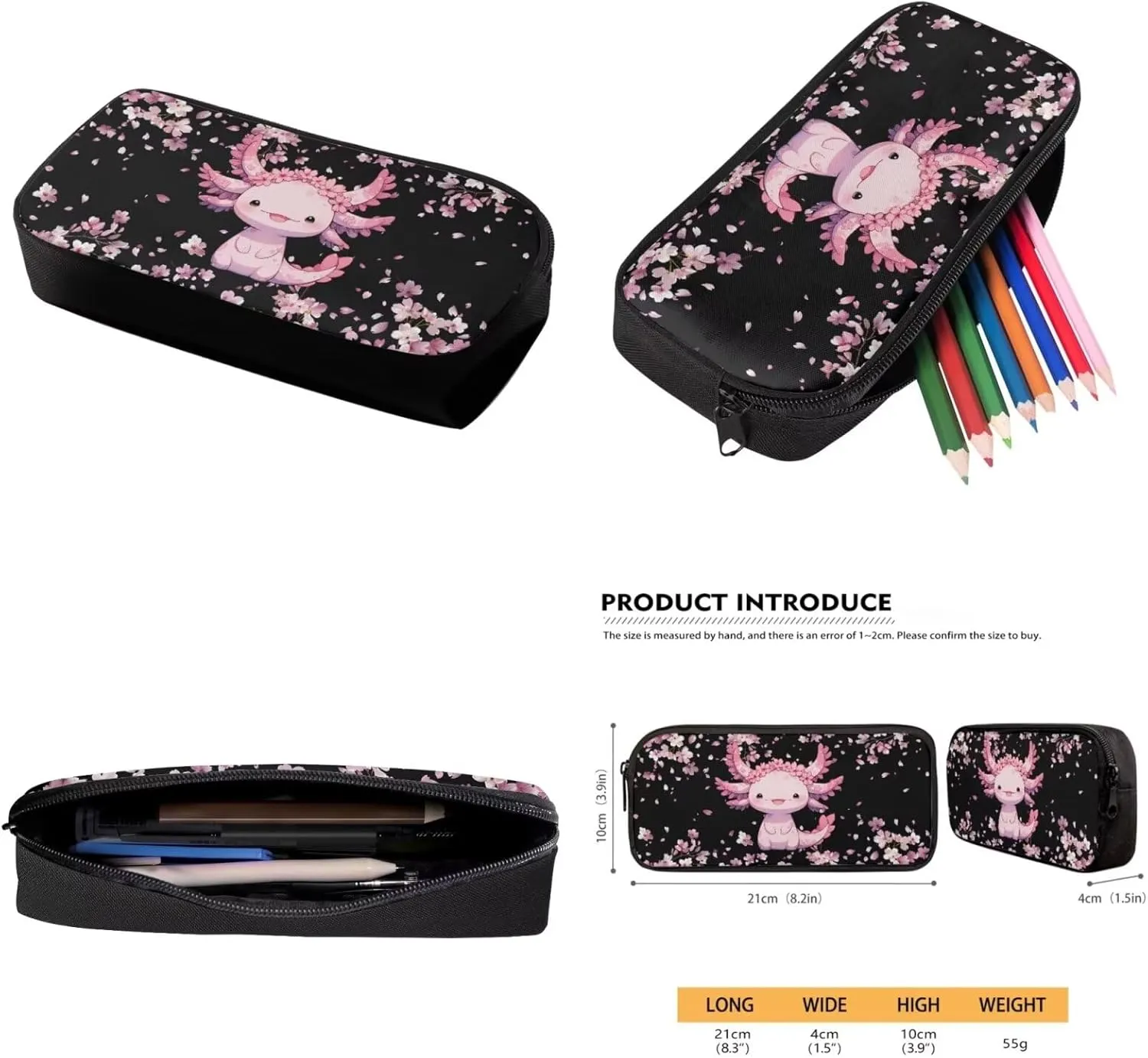Axolotl Girls Backpack with Picnic Bag Cute School Bag for Kids Cherry Blossom 3 IN 1 Lightweight Bookbag and Lunch Box Pencil Case Set for Elementary Kindergarten Preschool School Students