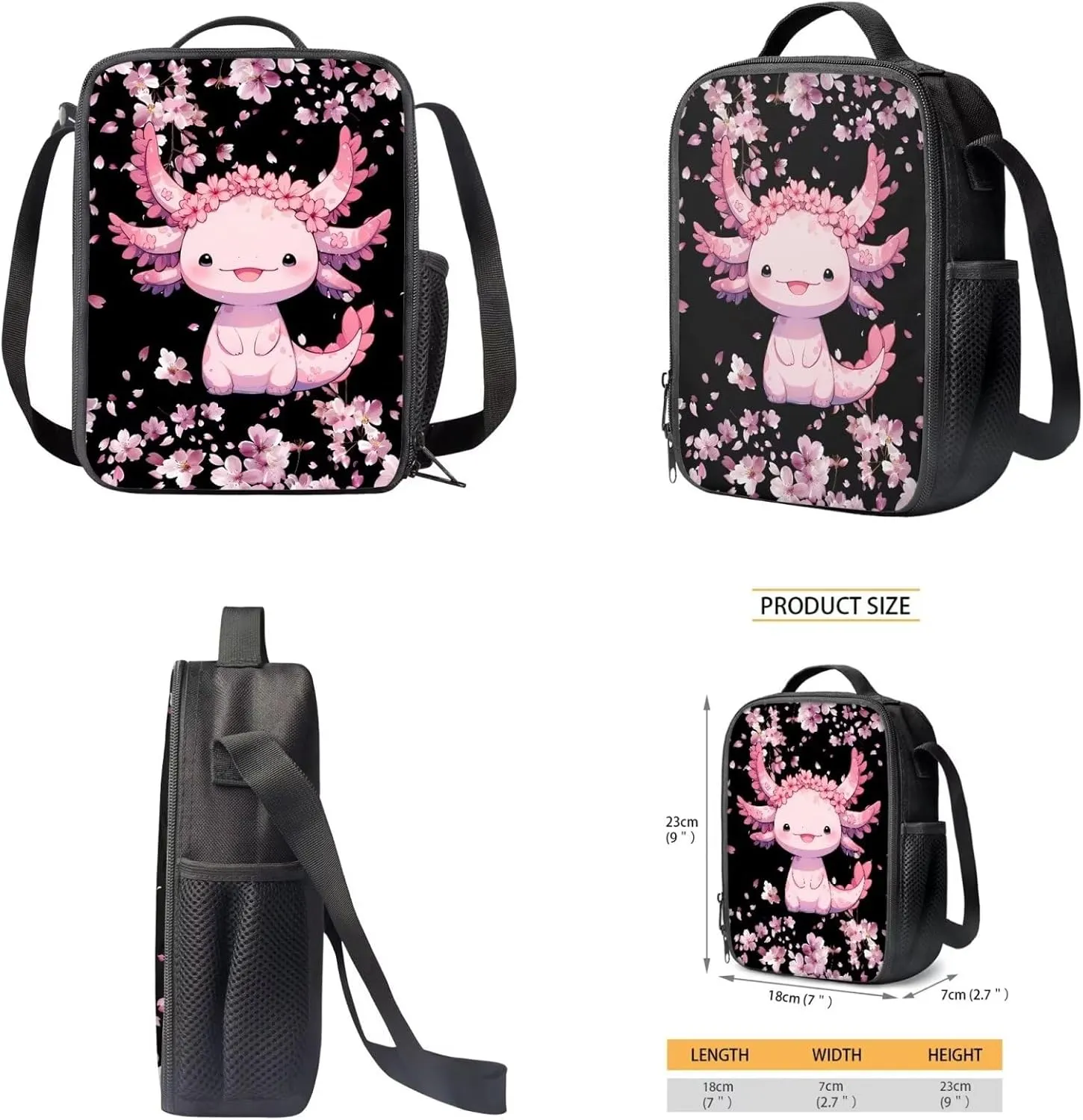Axolotl Girls Backpack with Picnic Bag Cute School Bag for Kids Cherry Blossom 3 IN 1 Lightweight Bookbag and Lunch Box Pencil Case Set for Elementary Kindergarten Preschool School Students