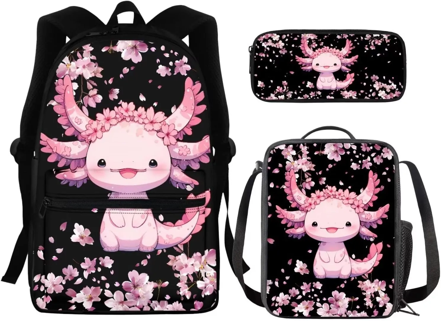 Axolotl Girls Backpack with Picnic Bag Cute School Bag for Kids Cherry Blossom 3 IN 1 Lightweight Bookbag and Lunch Box Pencil Case Set for Elementary Kindergarten Preschool School Students