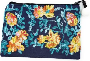 Ayuni Gifts of the World Beautifully Embroidered Thai Cotton Pouch, Change Purse, Makeup Bag or Wristlet Colorful Floral Patterns (Dark Blue, Makeup Bag)